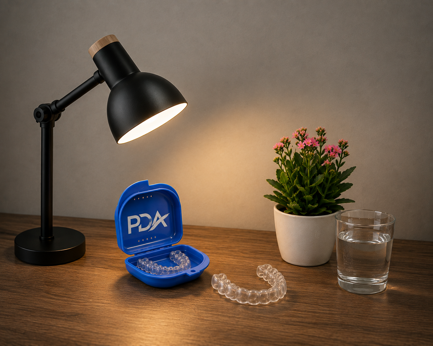 A tabletop with a black desk lamp, an open blue case with a clear dental night guard, a glass of water, a potted pink-flowered plant, and a clear glass of water.
