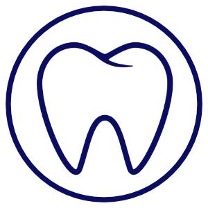 A blue neon outline of a tooth inside a circle.