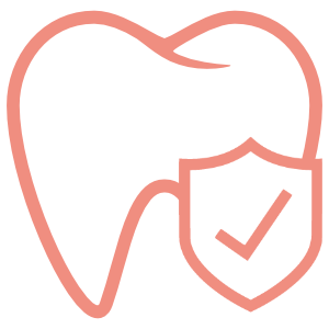 A stylized illustration of a tooth with a checkmark inside a shield overlay.