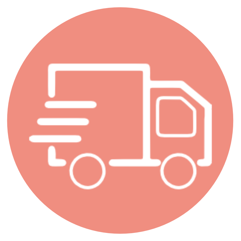 Outline of a delivery truck on a pink background with motion lines indicating speed.