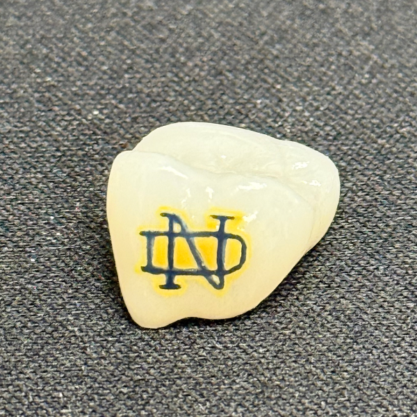 A dental crown with a Notre Dame logo printed on it, placed on a textured dark surface.