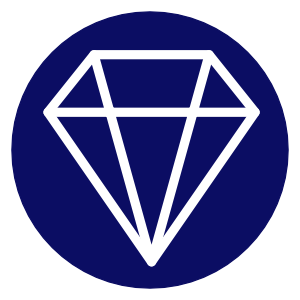 White diamond outline on a blue circular background