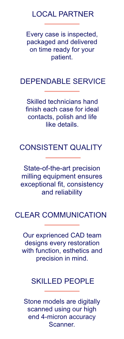 Skilled People, Clear Communication, Consistent Quality, Dependable Service, Local Partner. Descriptions in smaller blue font under each headline detail scanning with high-precision scanners, experienced CAD design, precise milling equipment, skilled
