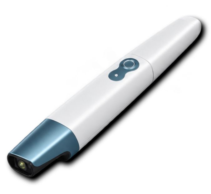 Digital thermometer with a white body and blue tip, displaying a temperature measurement function.