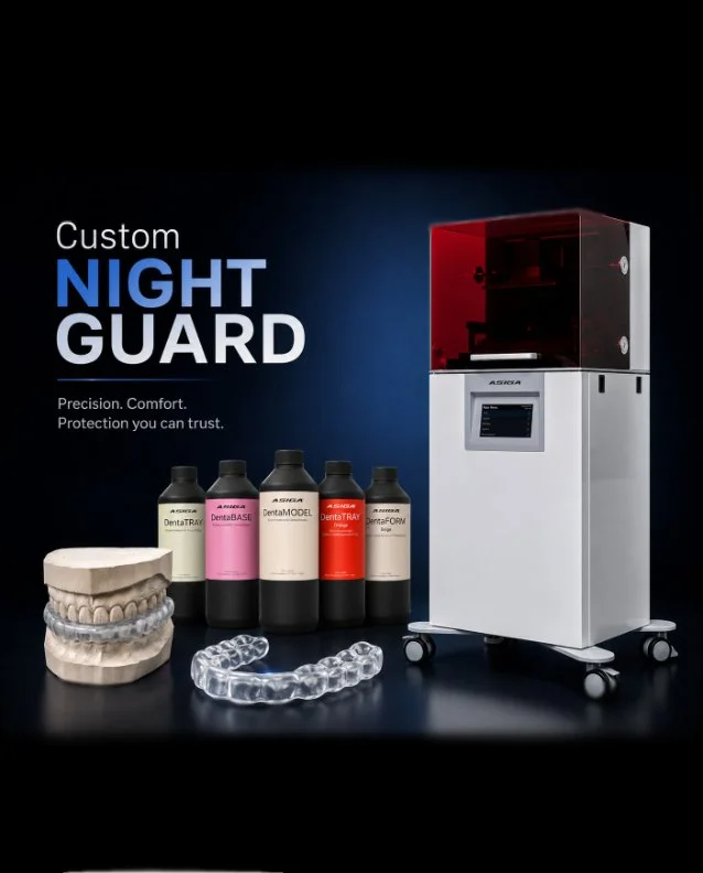 A dental night guard manufacturing machine with bottles of dental materials and dental molds and retainers in front of a dark background.