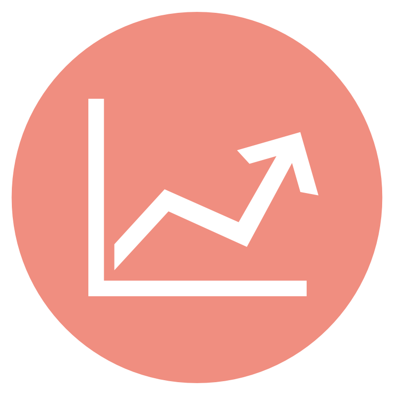 Circular icon with a pink background featuring a white upward trending graph with a line and arrow.