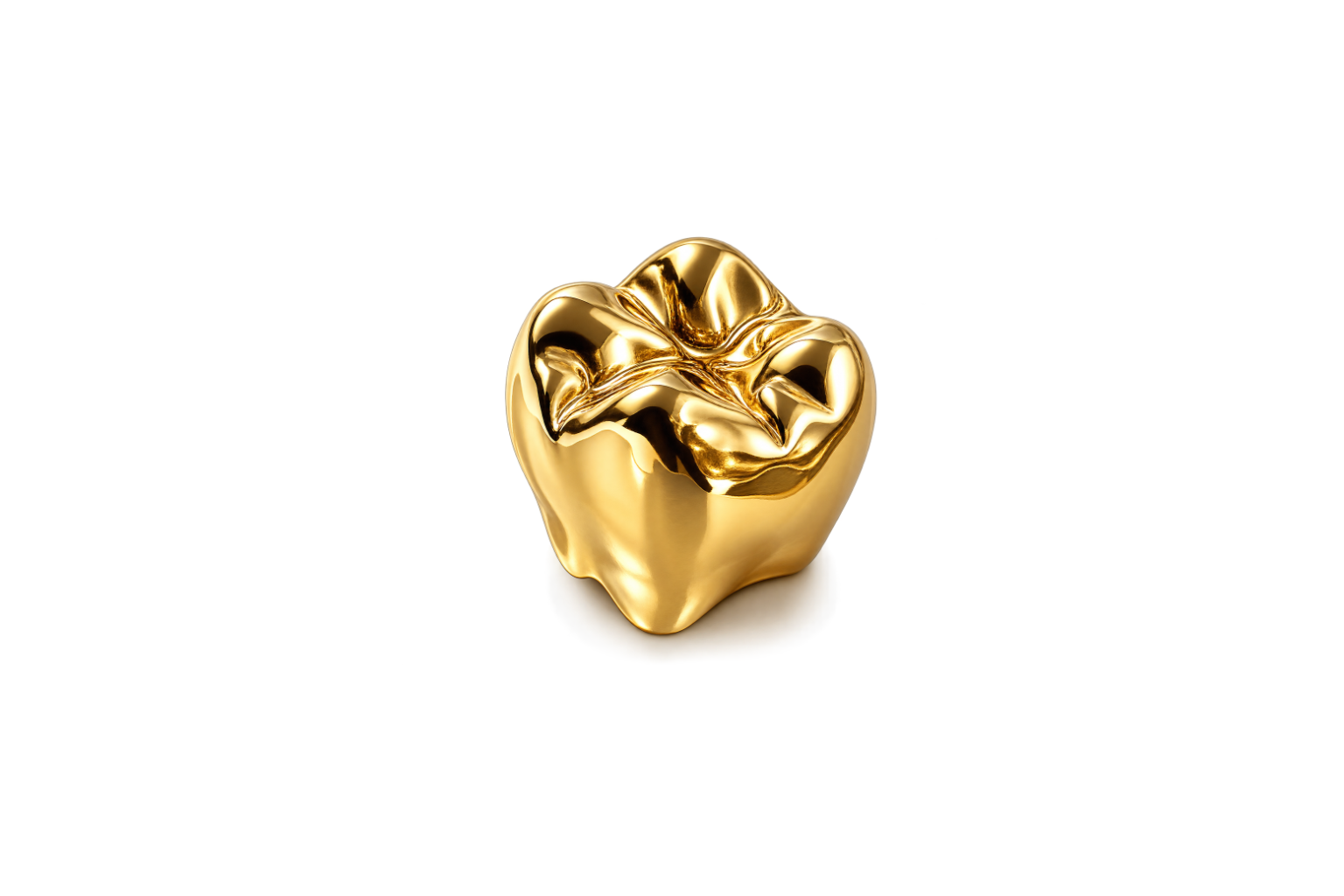 A gold-colored metallic abstract sculpture resembling a crumpled piece of paper or fabric with smooth, shiny surfaces and flowing curves.