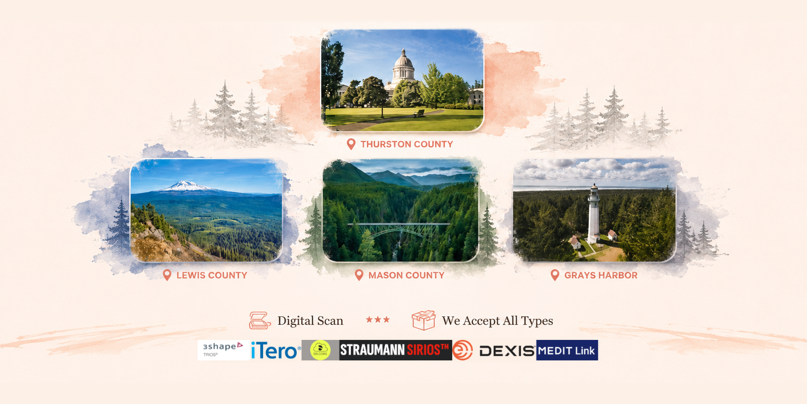 Pacific Dental Arts served Thurston County, Lewis County, Mason County, Grays Harbor. Accept all types of digital scan, from 3Shape, iTero, Straumann, Sirios, Dexis, and Medit.
Free Local Pick Up and Delivery.
