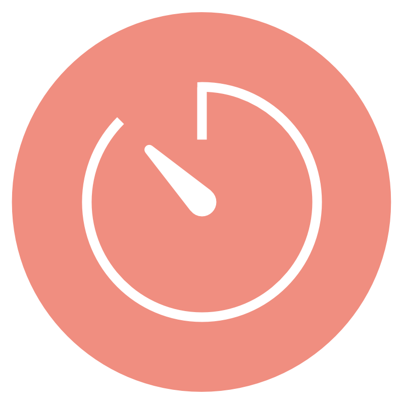 A round timer or clock icon with a pink background, white outline, and a hand pointing near the twelve o'clock mark.