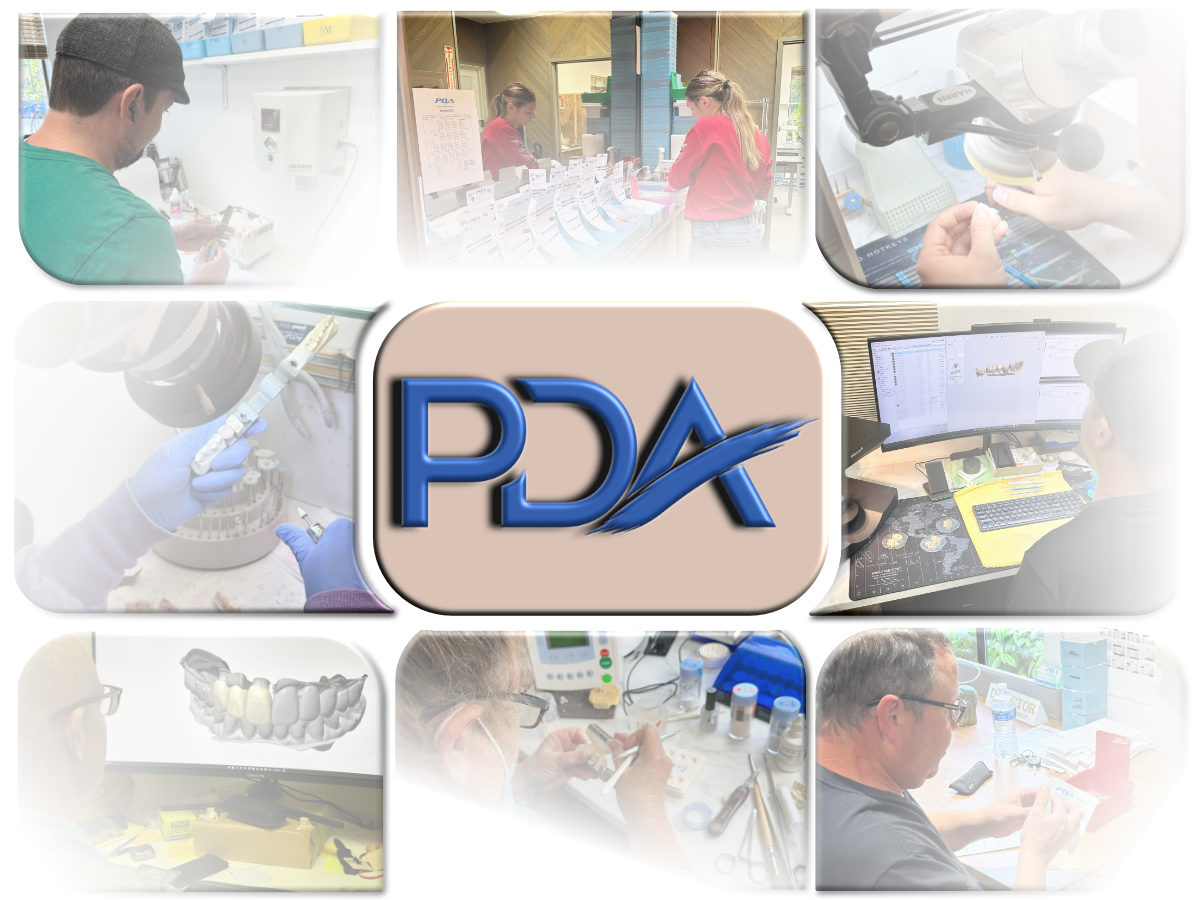 PDA, A collage of images showing various stages of dental prosthetics production and design. Includes people working with dental materials, 3D digital modeling on computers, and laboratory equipment used for dental restoration.