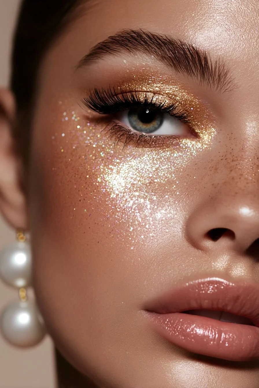 Close-up of a woman's face showing eye makeup with gold glitter eyeshadow, long lashes, and glossy lips, with pearl earrings visible.