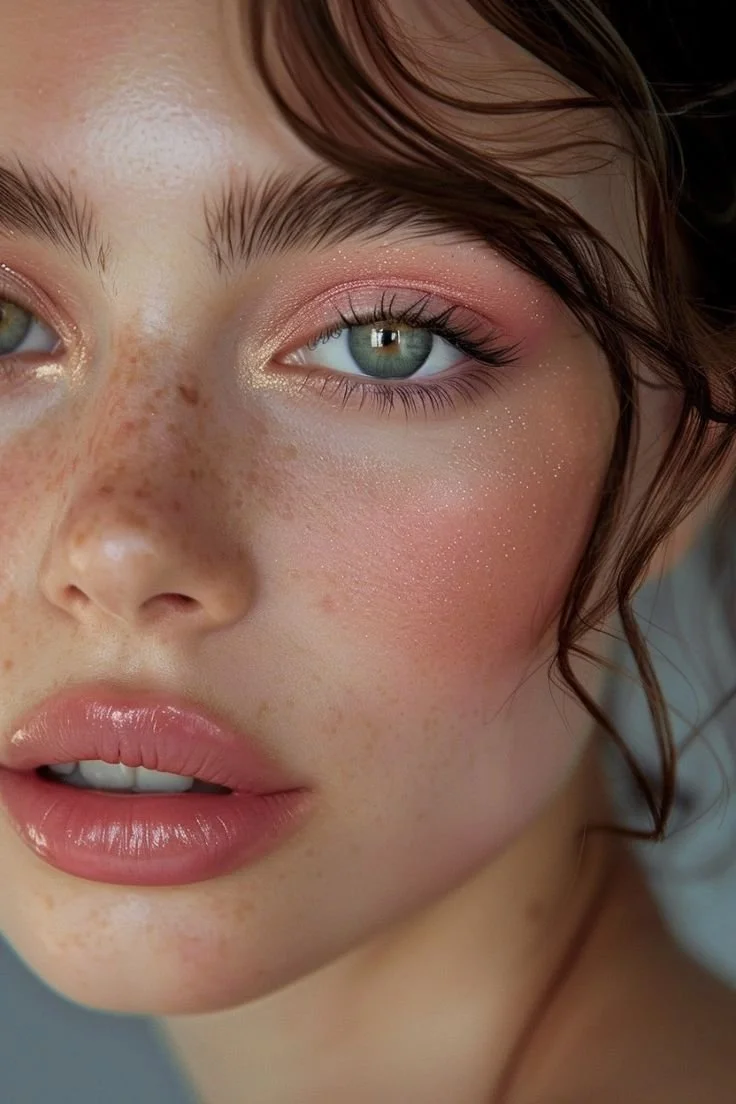 Close-up of a young woman's face highlighting her blue eye, freckles, pink eyeshadow, and glossy lips.