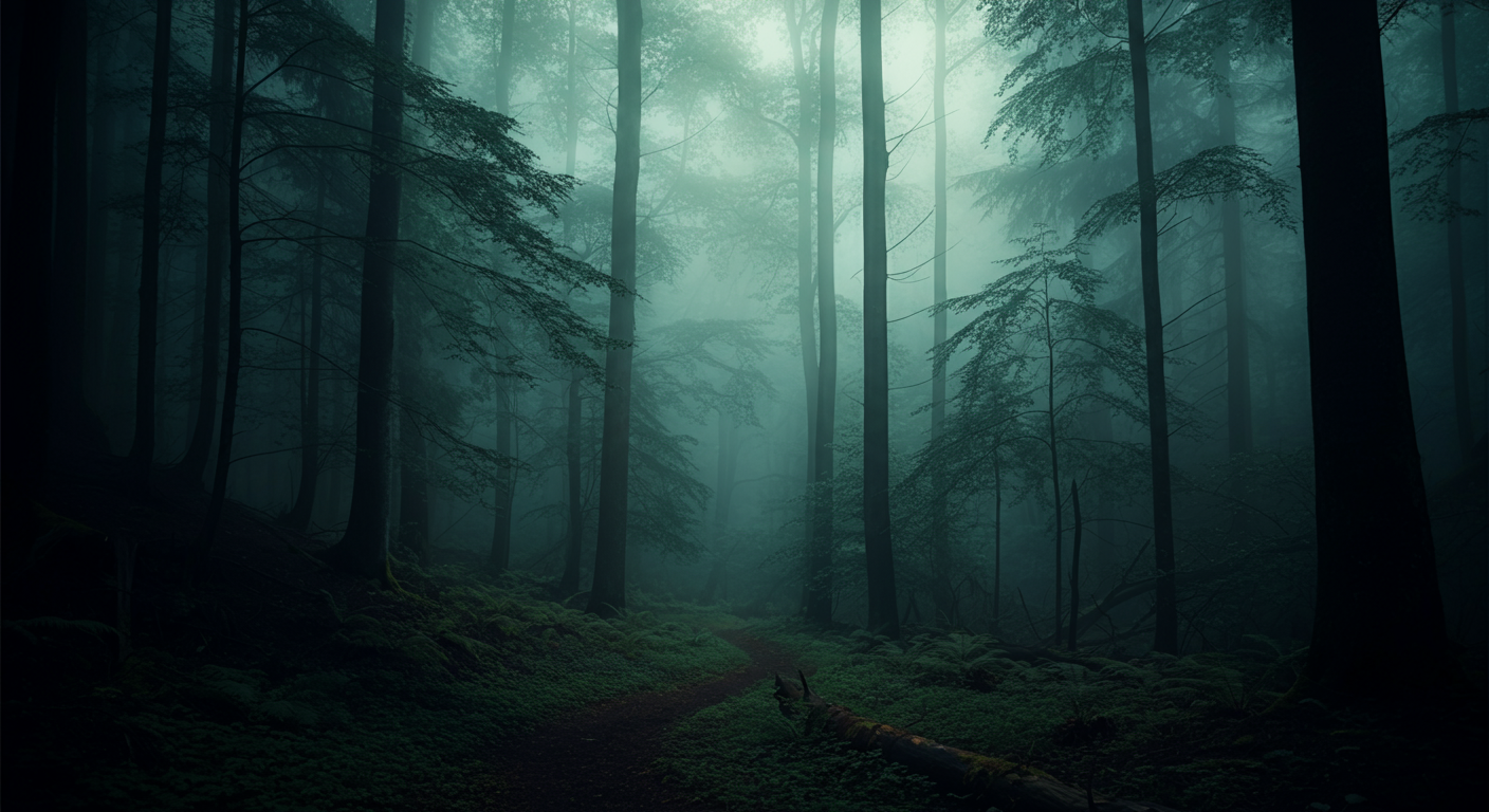A misty forest with tall trees and a narrow dirt path winding through moss-covered ground.