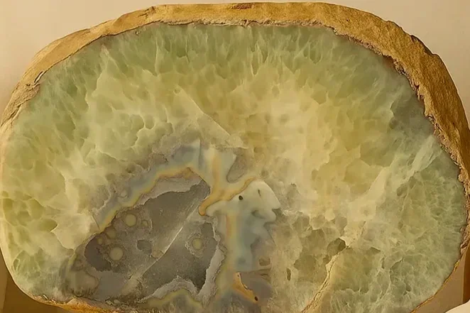 Close up of an agate crystal slab.