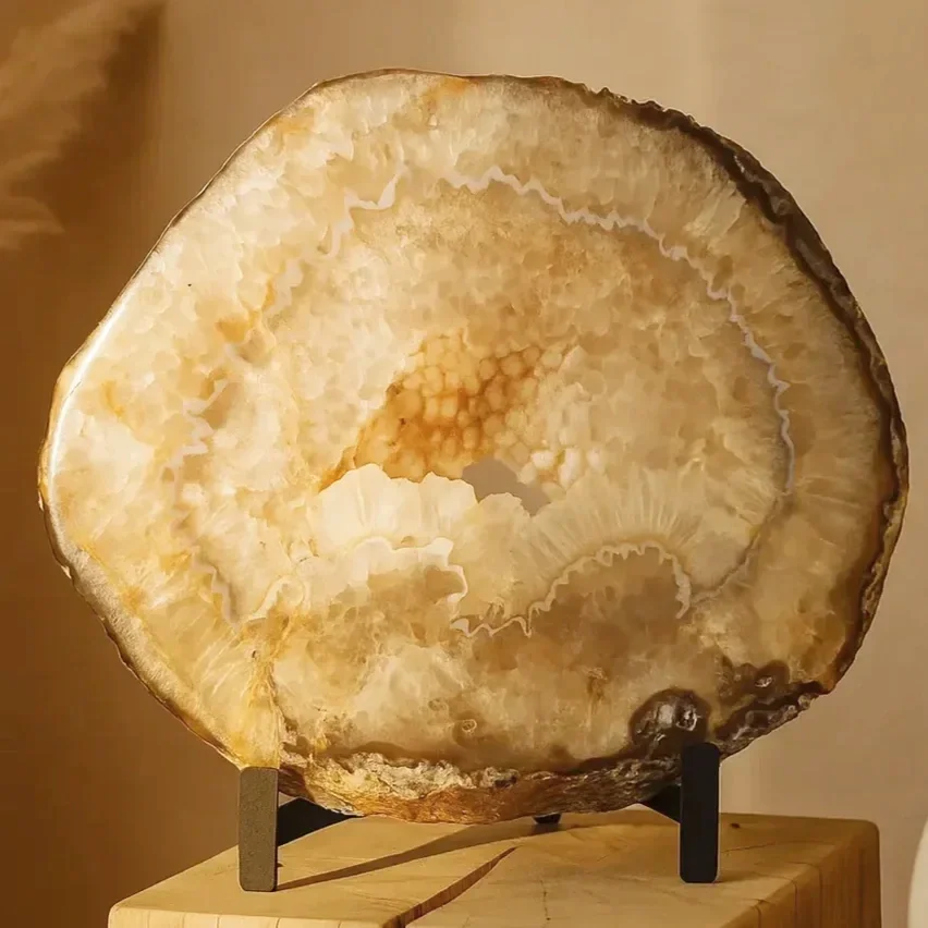 Close up of an agate crystal slab.