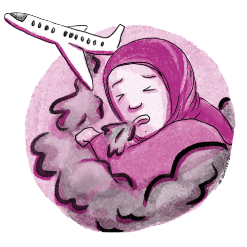Illustration of a woman in a hijab, coughing from the smoke emitting from an airplane.