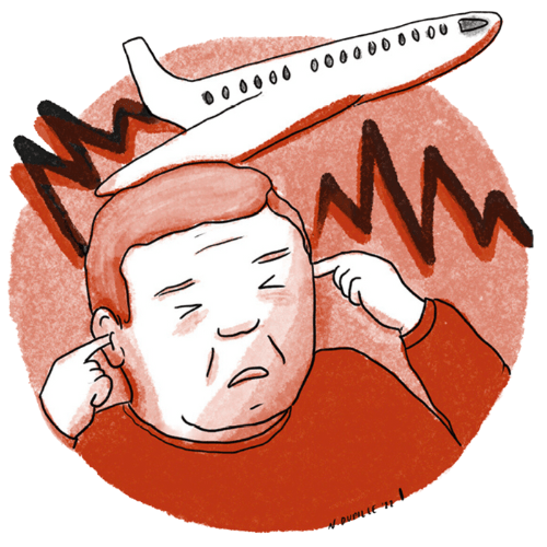 Illustration of child plugging his ears while a noisy airplane flies above his head.