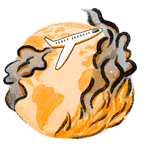 Illustration of a plane emitting large plumes of smoke over the earth.