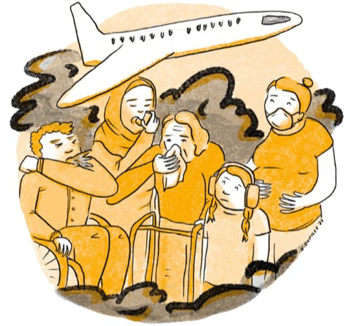 Illustration of a group of people coughing from the smoke emitting from a plane above.