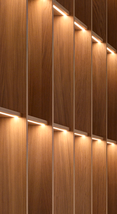 A wall of wooden panels with built-in lighting strips creating a modern and minimalist design.
