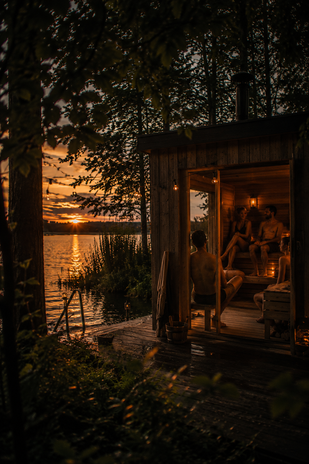 Vrijland events sauna aan het meer bij zonsondergang.png