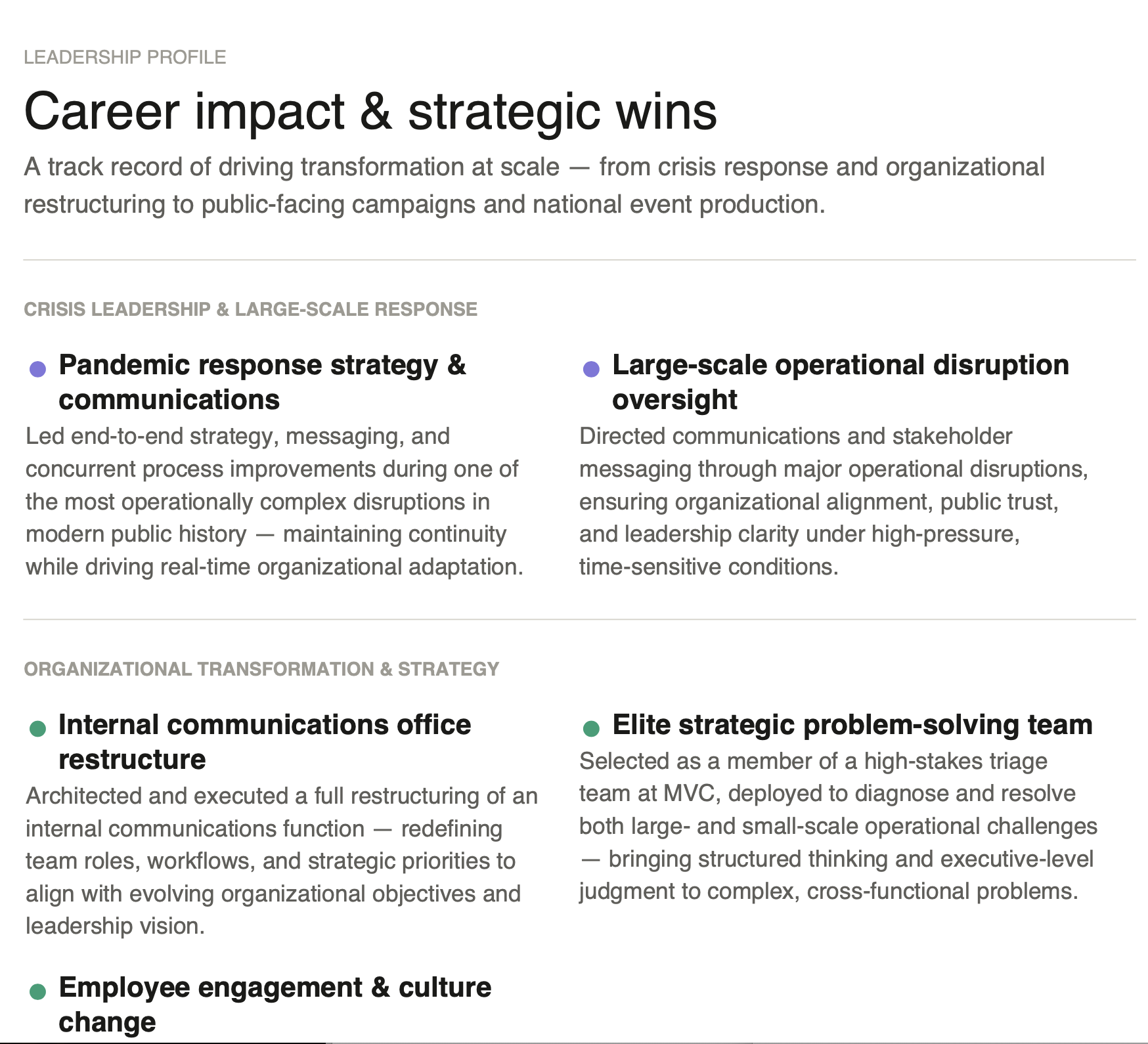 A document page with the title 'Career impact & strategic wins' discussing leadership and organizational transformation, including sections on crisis leadership, internal communications, team restructuring, and employee engagement.