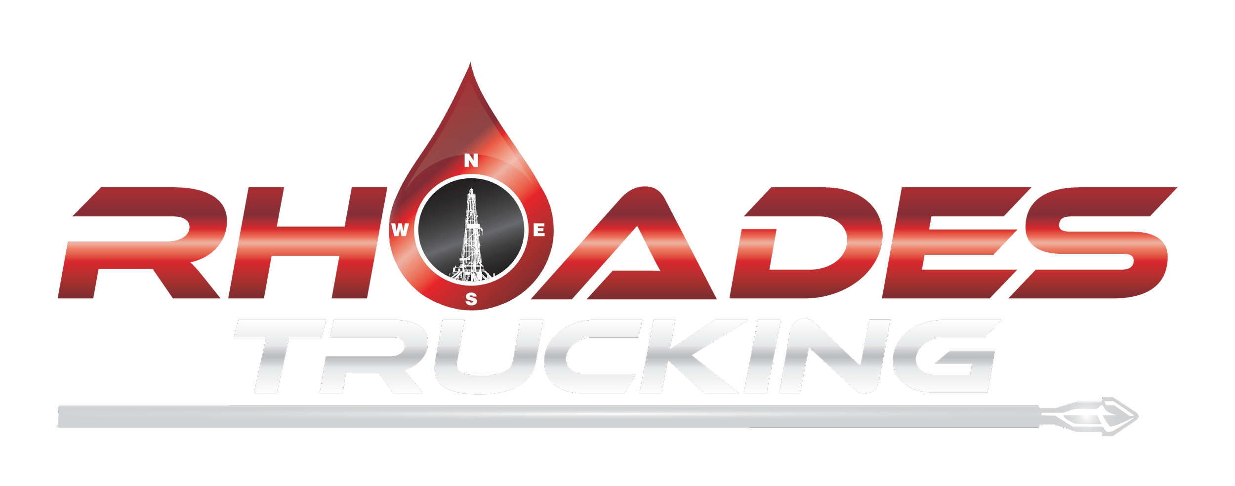Logo for Rhoades Trucking featuring a oil rig with a compass around it, the word RHOADES in bold red letters, and the word TRUCKING in white below, with an drilling motor icon pointing right.