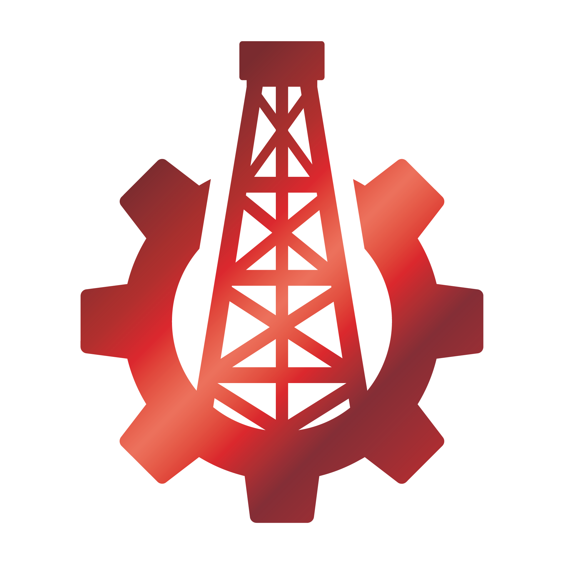 Red and black icon of oil rig in back ground and a gear in the foreground circling the rig.