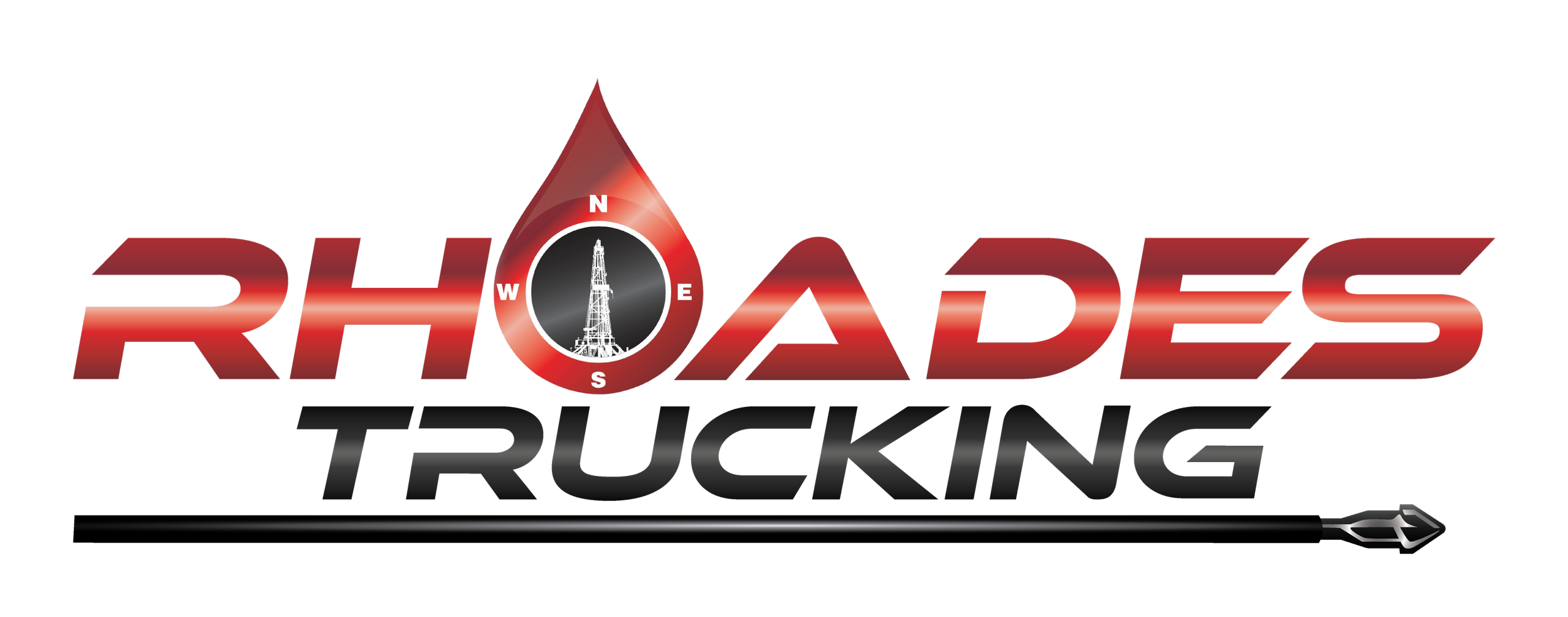 Logo for Rhoades Trucking featuring a oil rig with a compass around it, the word RHOADES in bold red letters, and the word Trucking in black below, with an drilling motor icon pointing right.