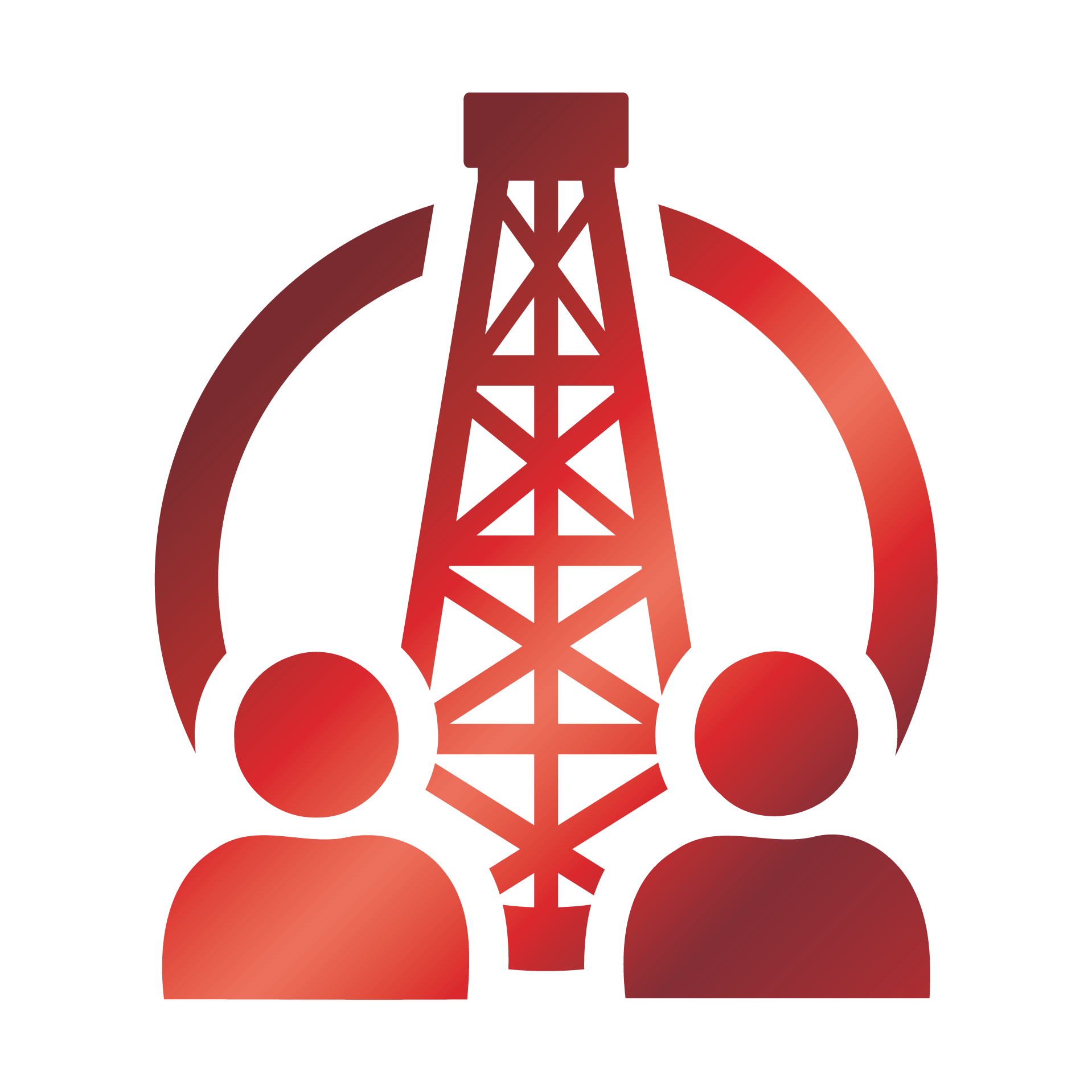 Red and black icon of oil rig in back ground and two simplified graphic people shapes in the foreground with a circle around the rig.