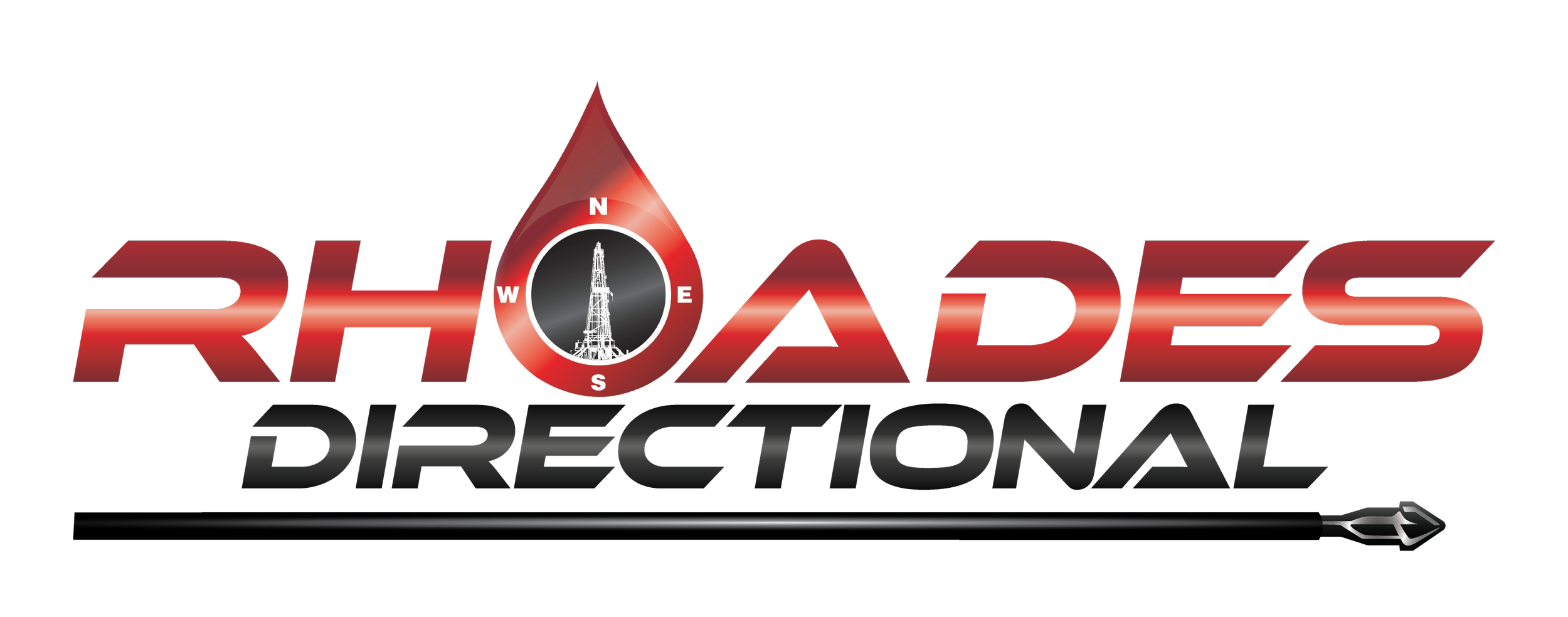 Logo for Rhoades Directional featuring a oil rig with a compass around it, the word RHOADES in bold red letters, and the word DIRECTIONAL in black below, with an drilling motor icon pointing right.