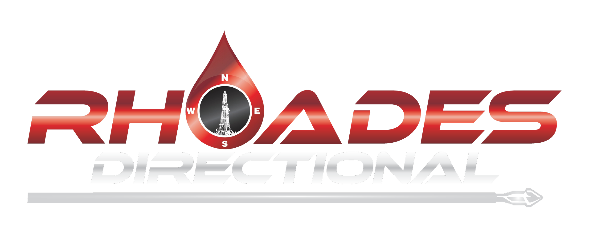 Logo for Rhoades Directional featuring a oil rig with a compass around it, the word RHOADES in bold red letters, and the word DIRECTIONAL in white below, with an drilling motor icon pointing right.