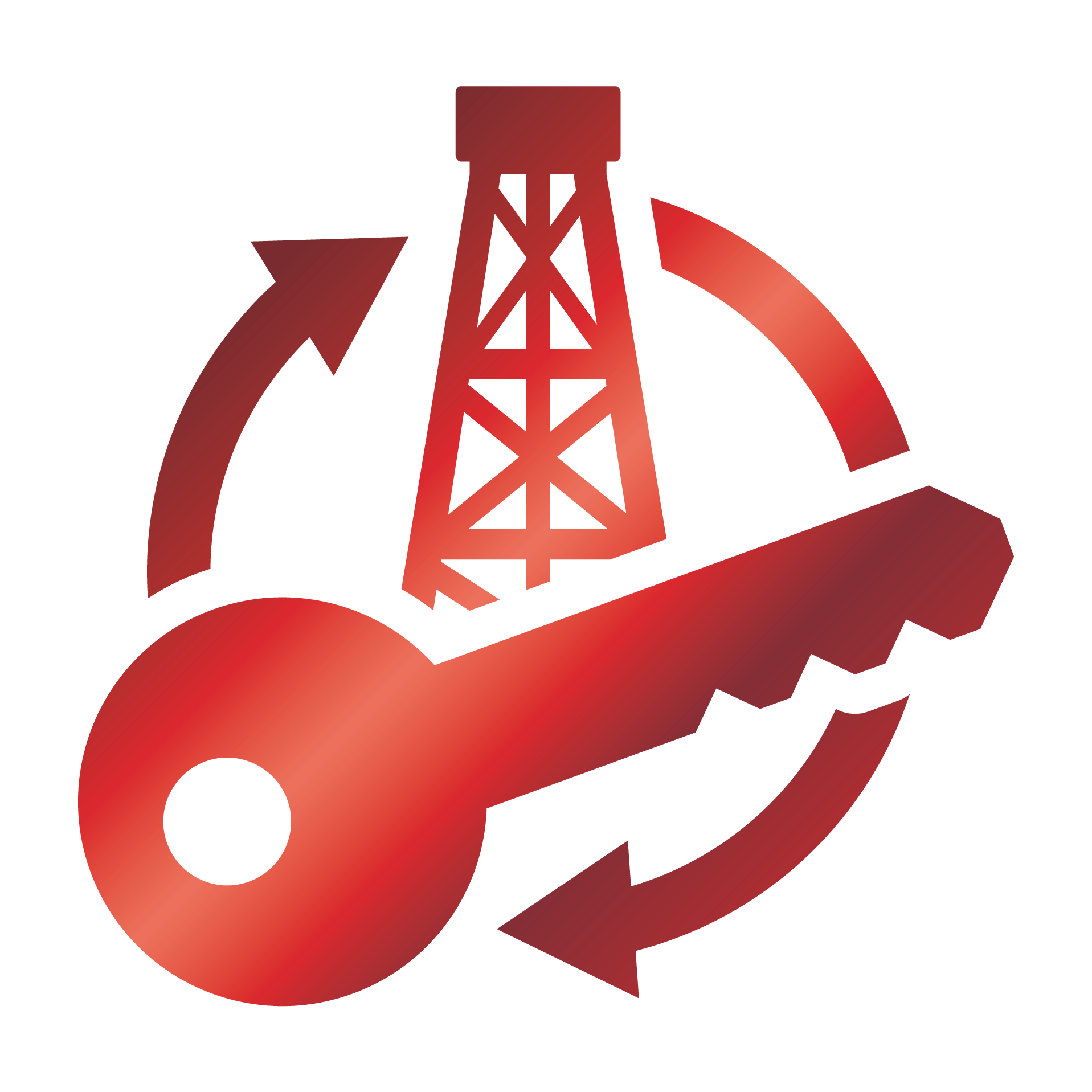 Red and black icon of oil rig in back ground and a key in the foreground with circluar arrows around the rig.