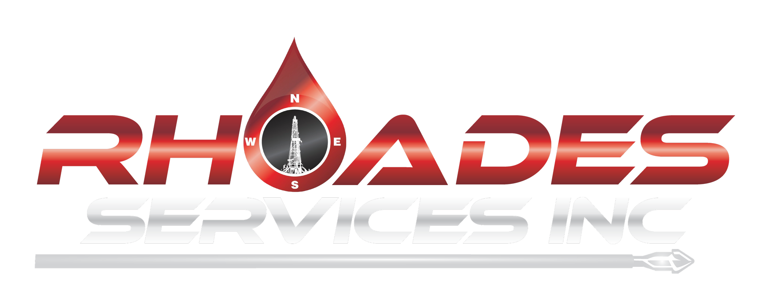 Logo of Rhoades Services Inc. with red gradient text, a white oil drilling tower inside a red drip, and a white motor pointing to the right