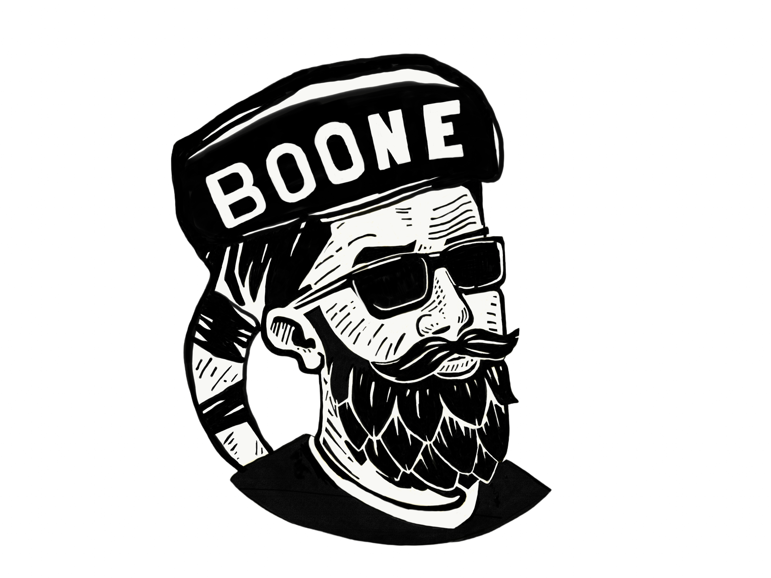 Black and white illustration of a bearded man with sunglasses wearing a cap labeled 'BOONE' and a bandana around his neck.
