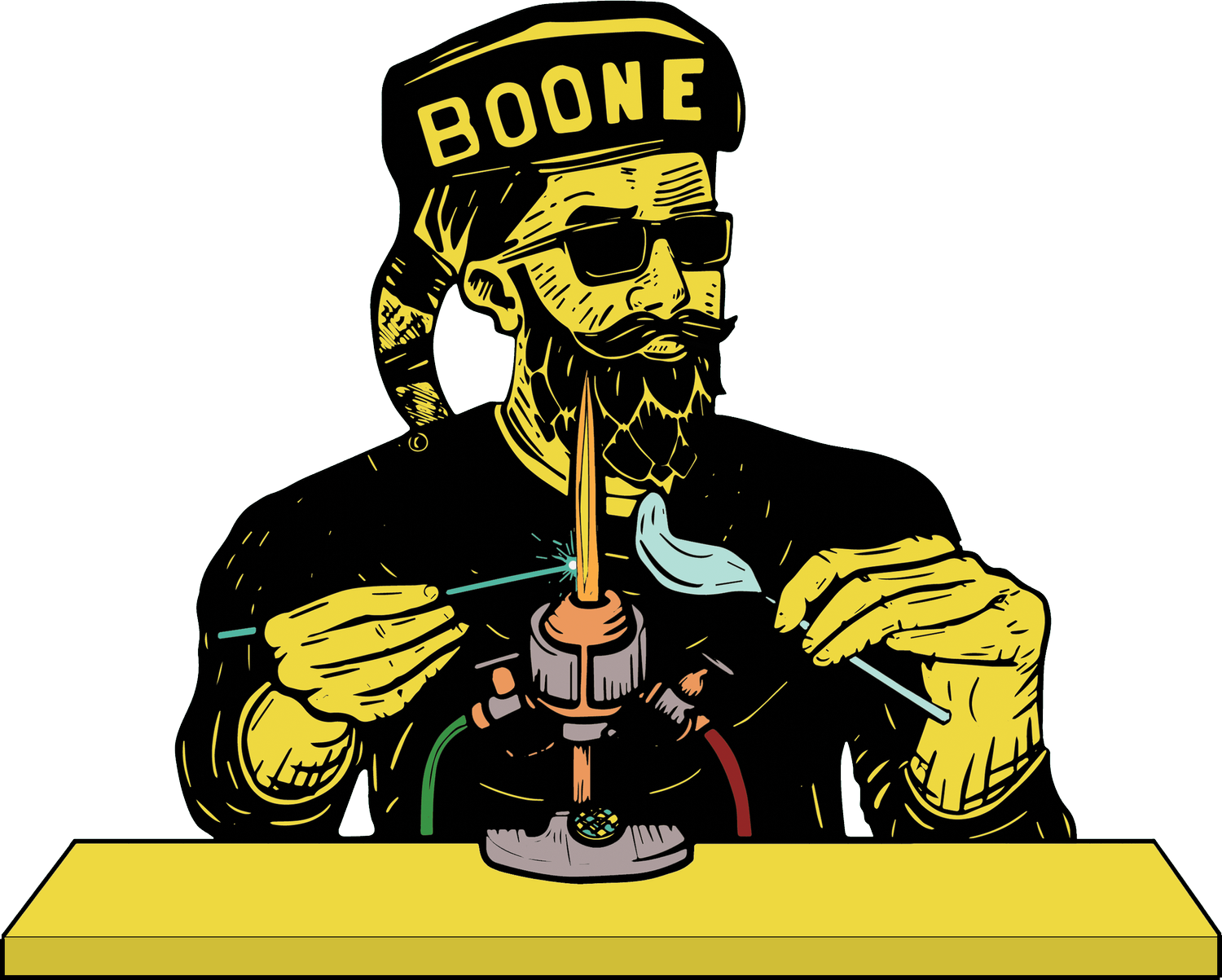 Illustration of a man with a beard, sunglasses, and a cap labeled 'BOONE', working on a small experimental device with wires and a spark, sitting at a yellow table.