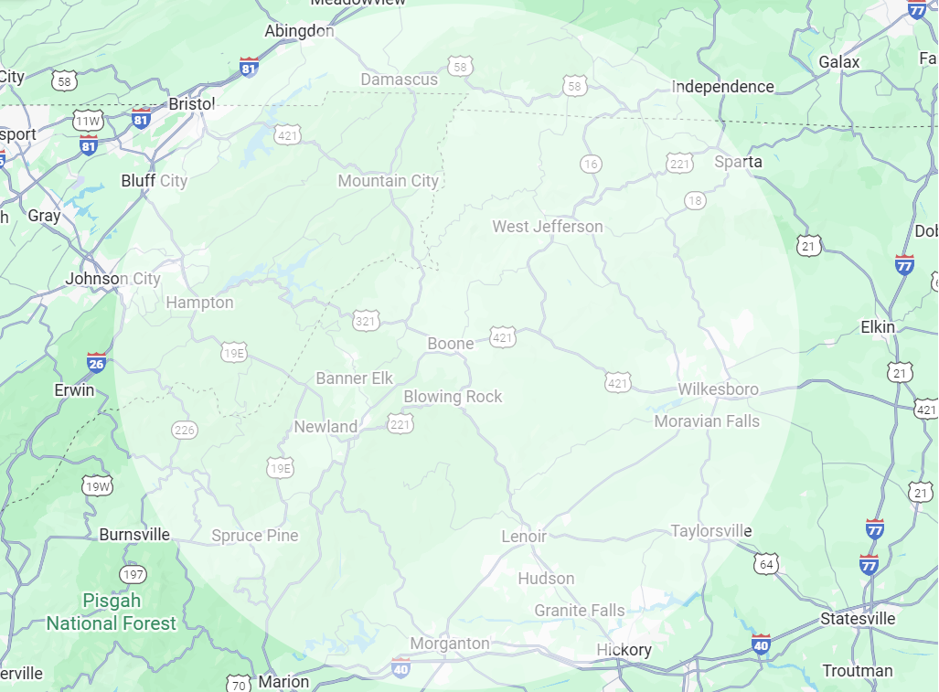 Overview map of the High Country, North Carolina. Radius of service for TourBoone and RideBoone Transportation and Shuttles.
