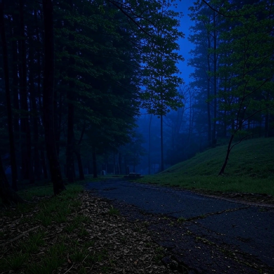 A dark, eerie forest path at night with trees silhouetted against a deep blue sky.
