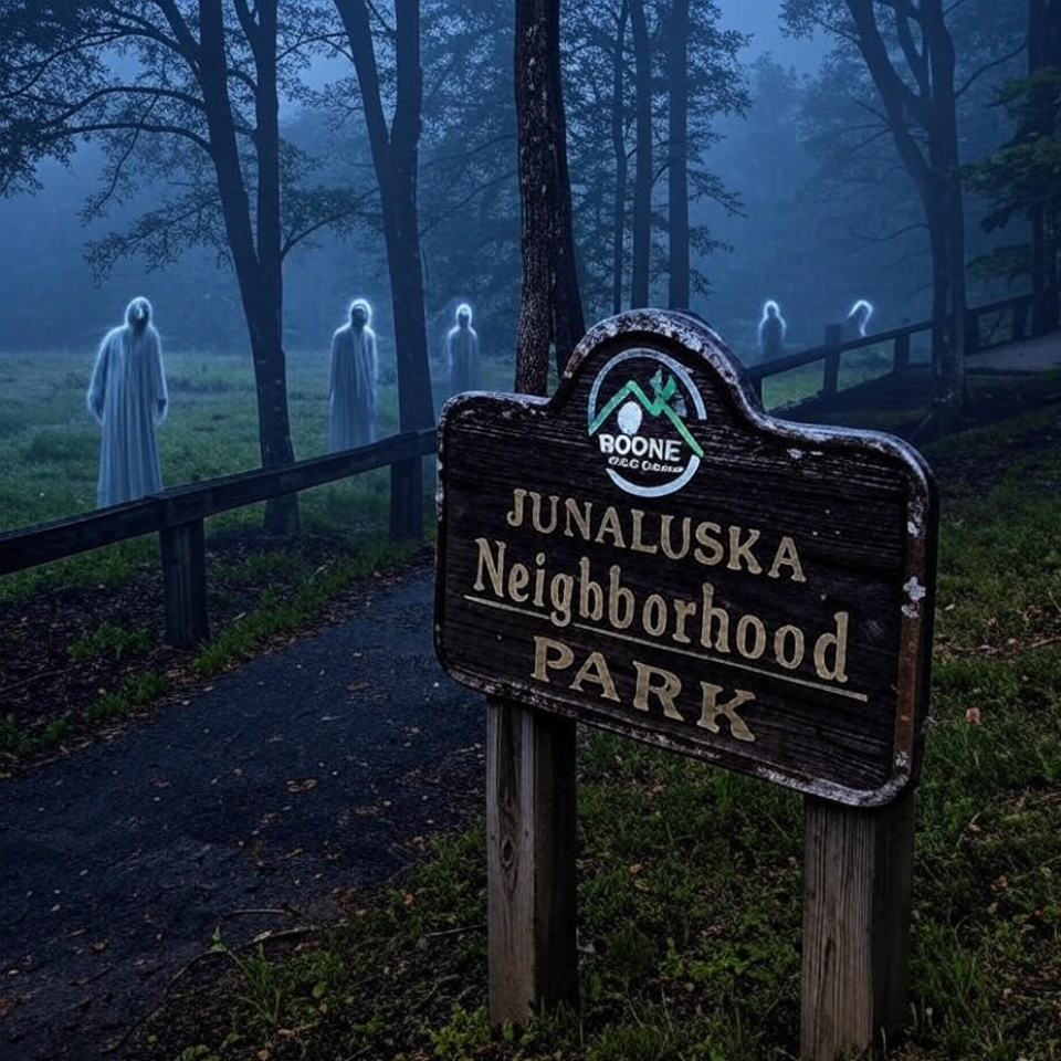 Wooden sign for Junaluska Neighborhood Park in Boone, surrounded by trees and eerie ghostly figures in the mist.
