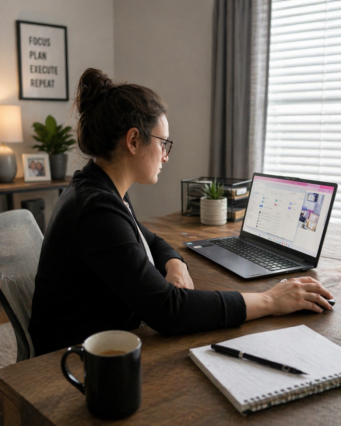 Owner of RivDesigns - Woman working at a desk with a laptop, notebook, pen, mug, and plants in a home office.
