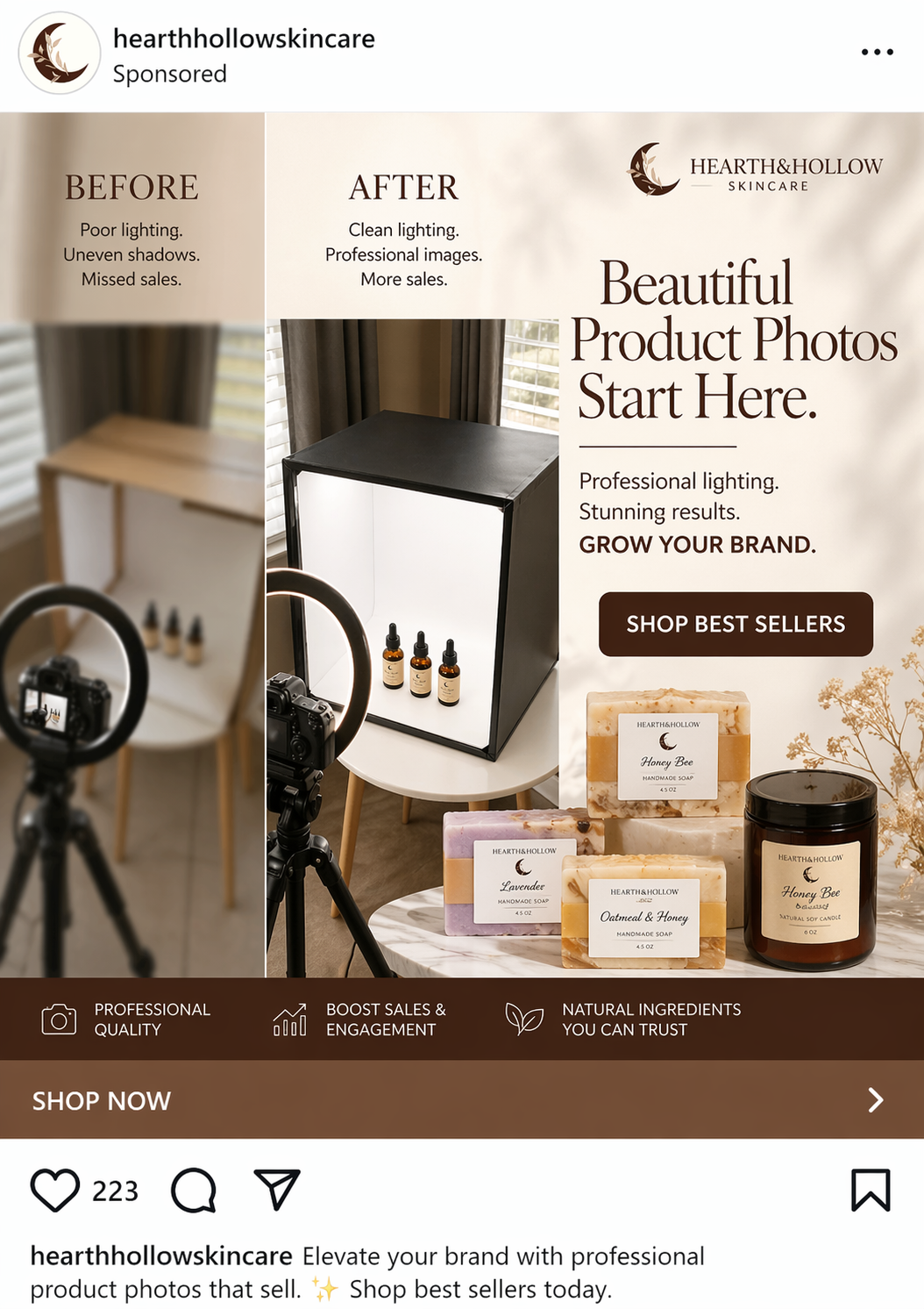 Advertisement for professional product photography services by RivDesigns for Hearth & Hollow Skincare. The ad compares poorly lit, unprofessional photos with improved, clean, and professional images.