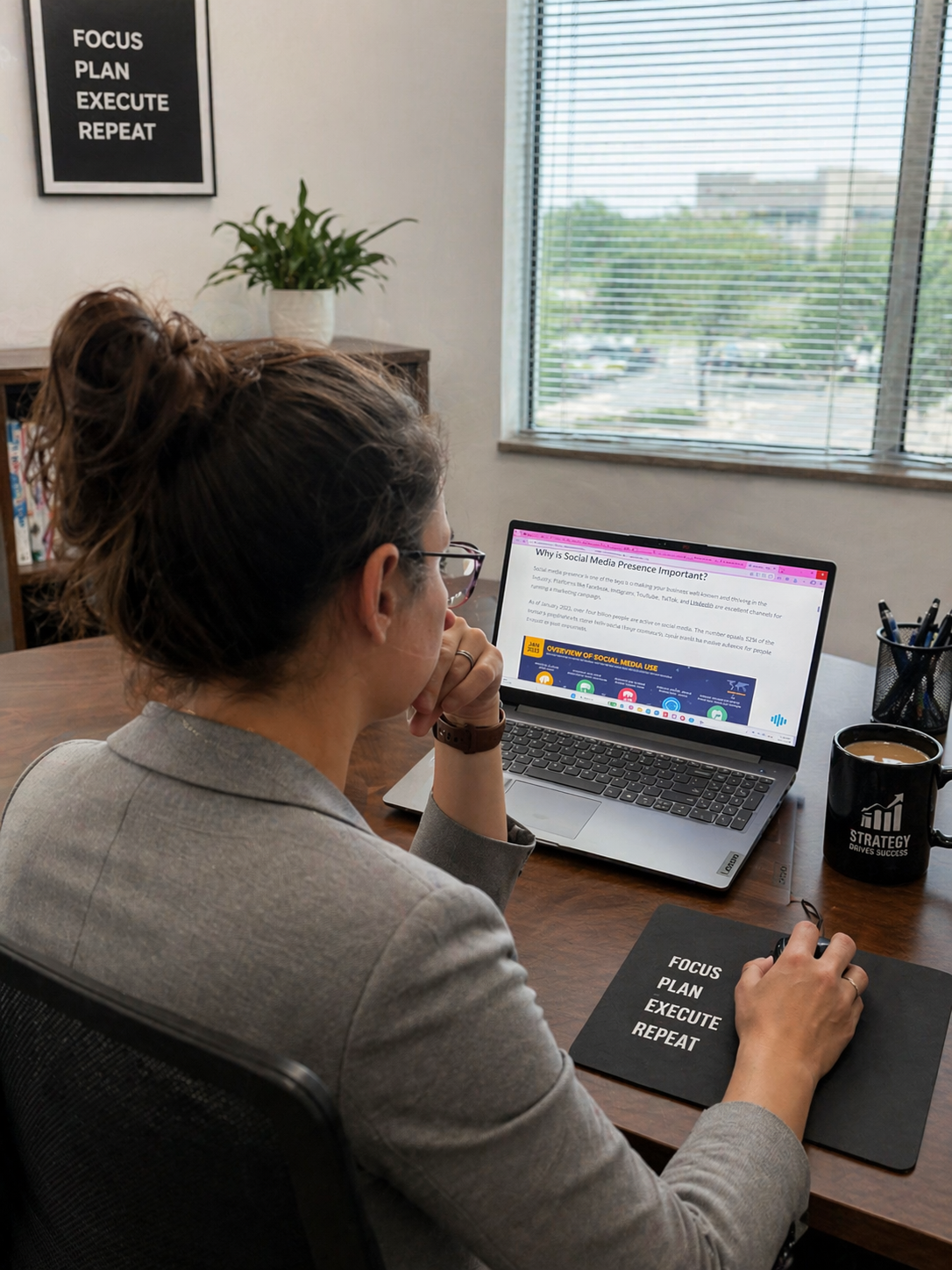 Owner of RivDesigns - A woman in a blazer sitting at a wooden desk, looking at a laptop screen with a presentation about social media importance.