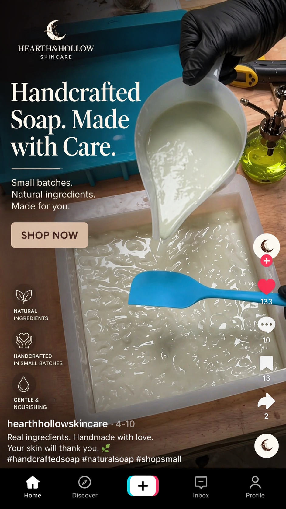 Advertisement for professional product photography by RivDesigns of handcrafted soap with a pale green color into a container, with soap ingredients and tools on the table, promoting Hearth & Hollow Skincare's small batch, natural, and handmade soap.
