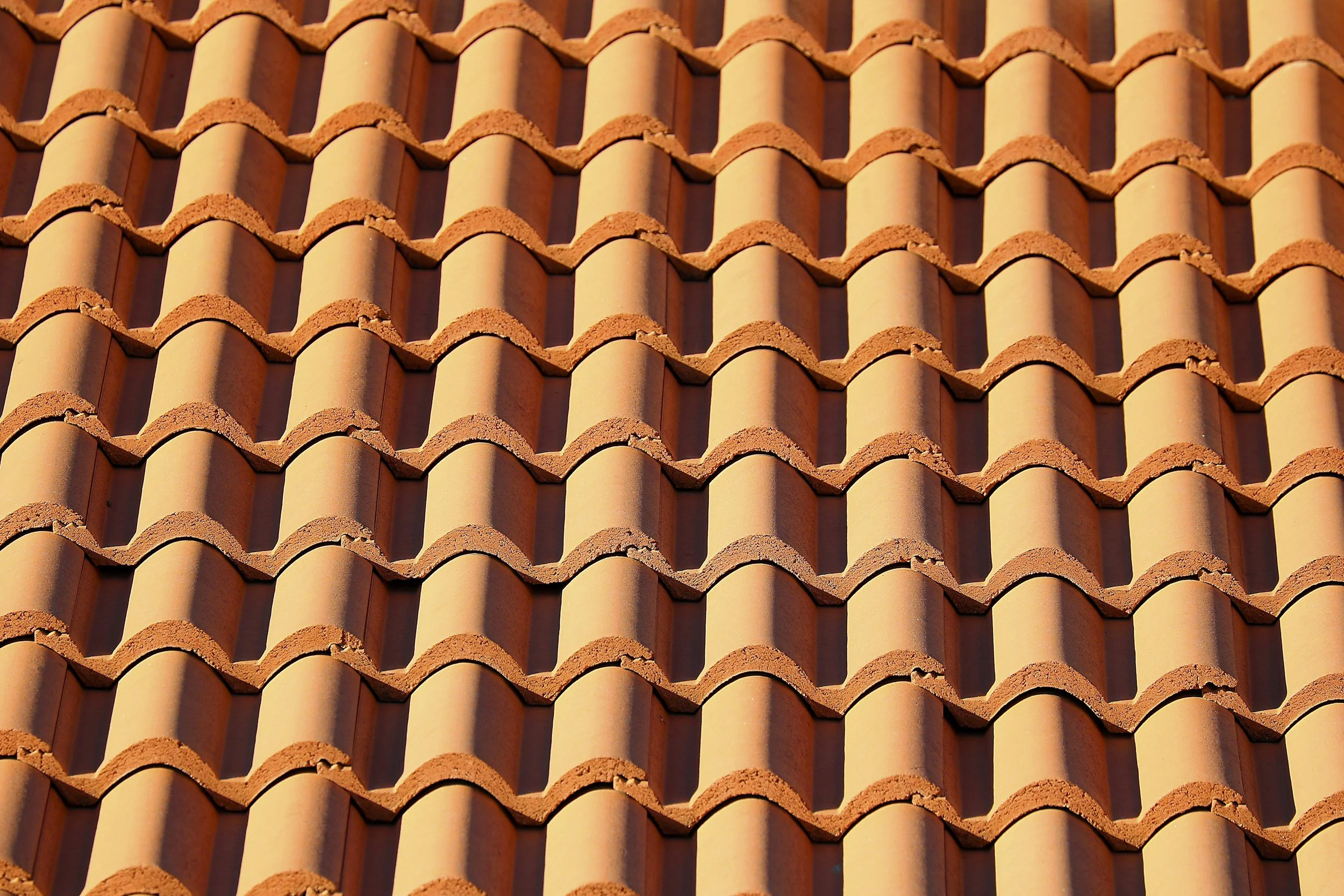 Close-up of terracotta roof tiles arranged in rows, showing curved and textured patterns.