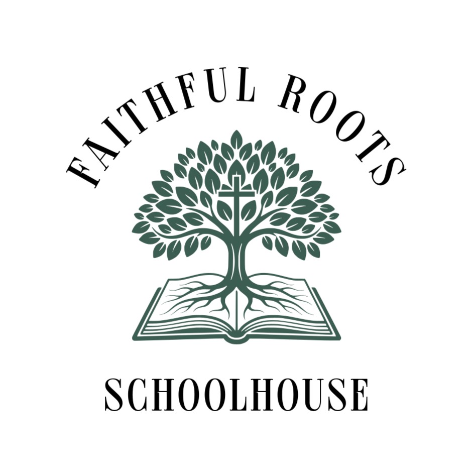 Logo for Faithful Roots Schoolhouse featuring a tree with a cross in the center, roots extending into an open book, and the text 'Faithful Roots' above and 'Schoolhouse' below.