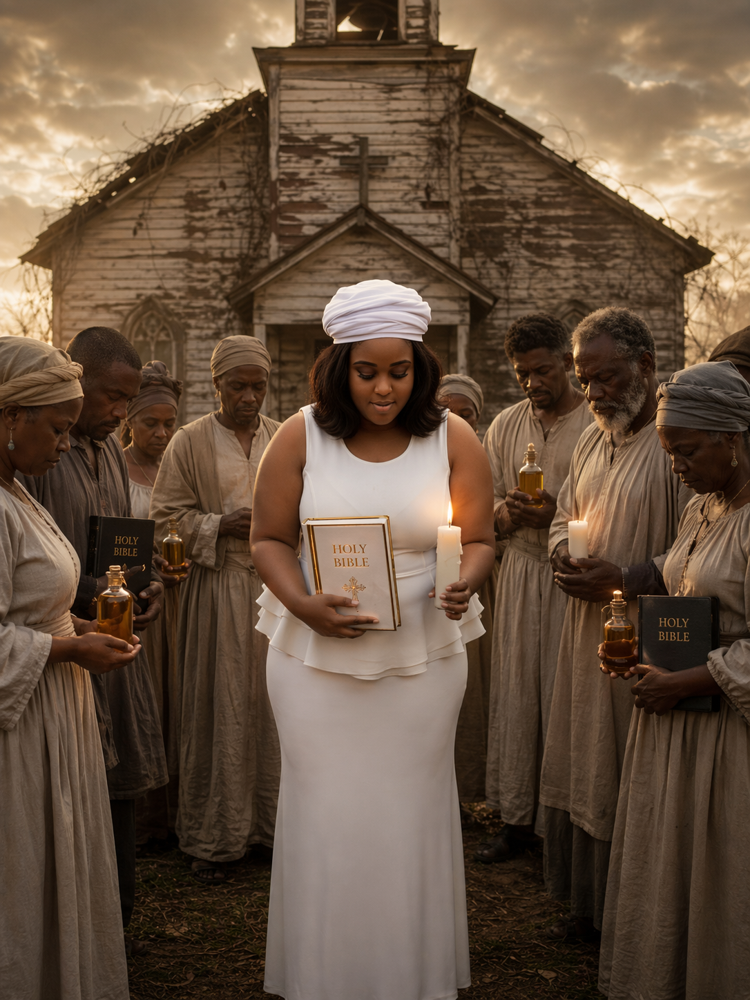 A diverse group of people, mostly women, dressed in beige robes, are standing outside in front of a weathered wooden church during sunset. They are holding candles, bottles, and Holy Bibles, participating in a prayer or memorial vigil.