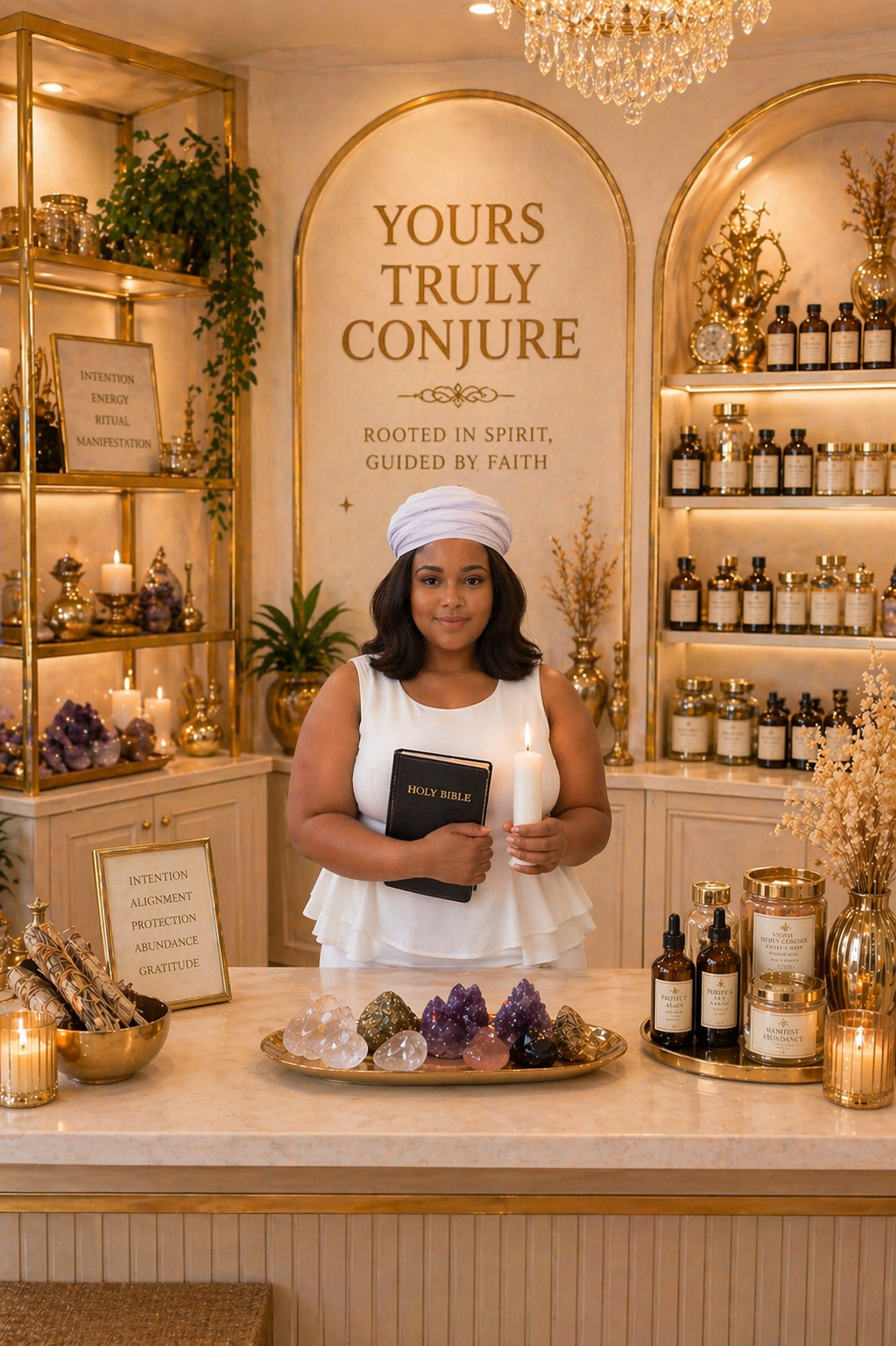 A woman dressed in white with a white headwrap holds a Holy Bible and a lit candle, standing behind a decorated altar with crystals, candles, and essential oils, in a room with gold accents and a chandelier.
