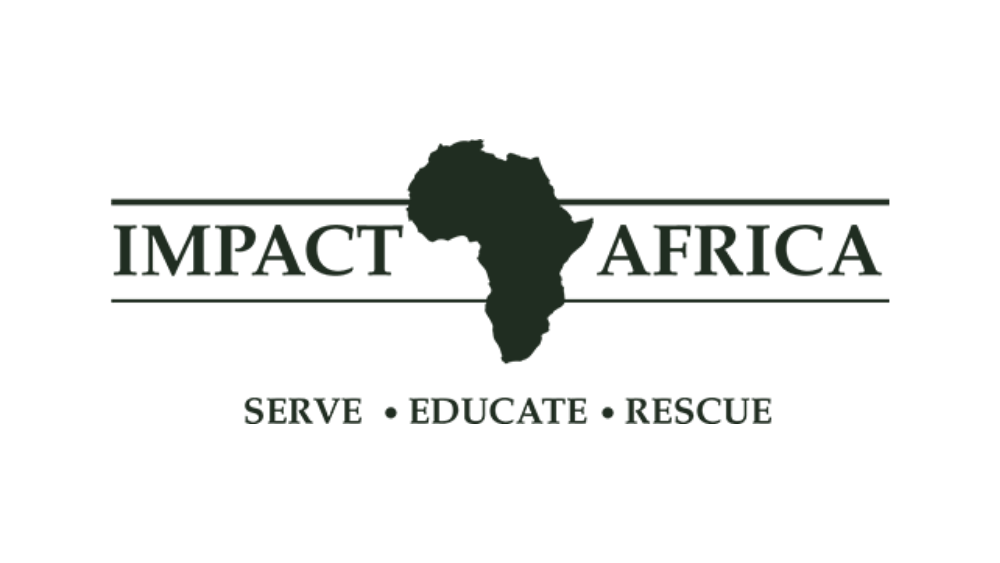 Logo for Impact Africa, featuring a silhouette map of Africa with the words 'Impact Africa' and the taglines 'Serve, Educate, Rescue.'