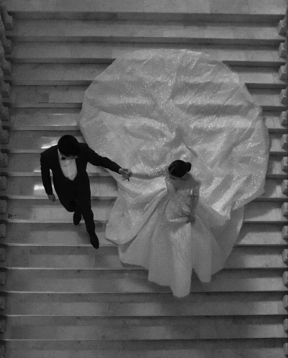 Black and white photo of a bride and groom on stairs, holding hands, with the bride's wedding gown spread on the stairs behind her.