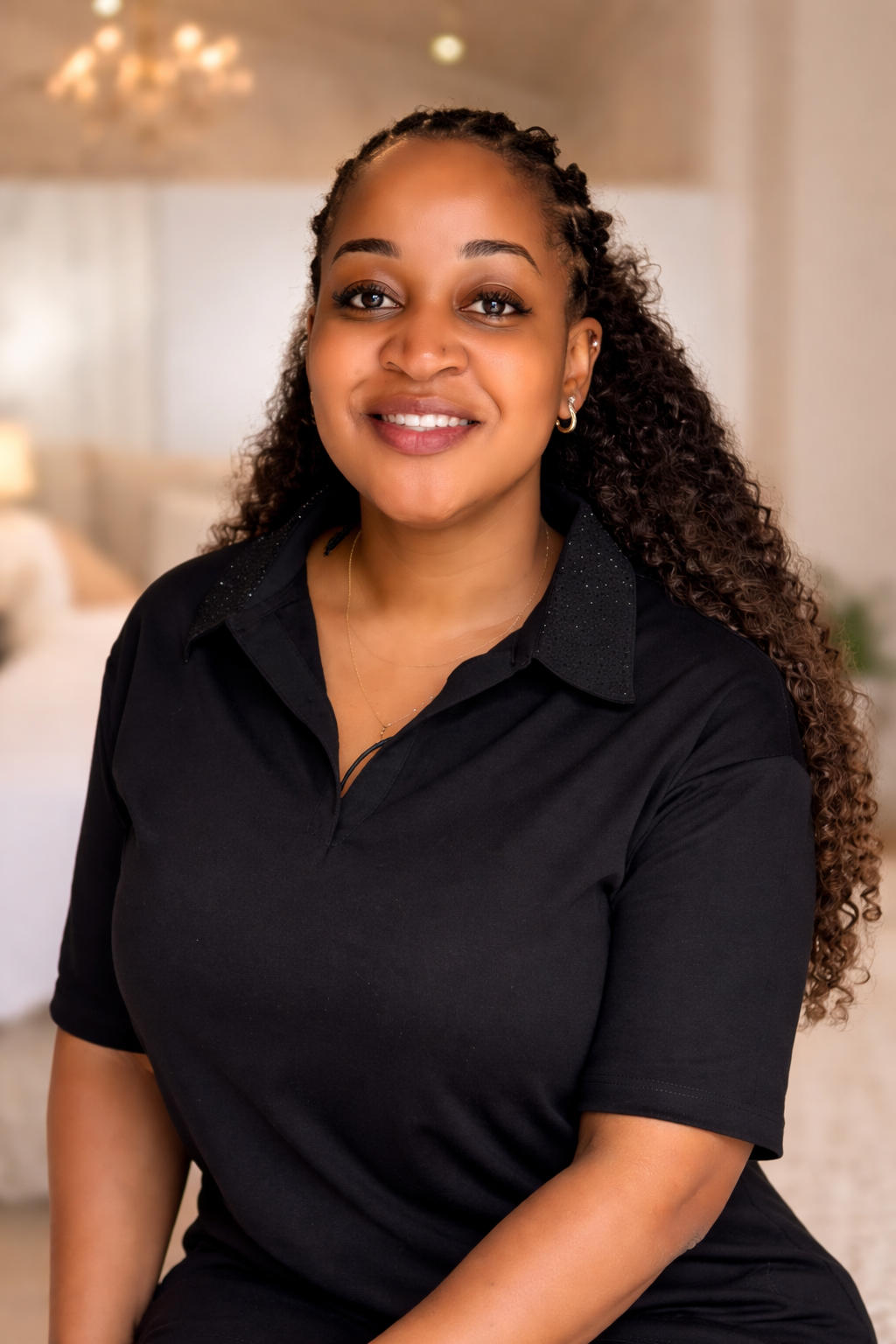 A young woman with curly hair and hoop earrings smiling at the camera, wearing a black collared shirt with sparkly details on the shoulders, in an indoor setting with soft lighting.